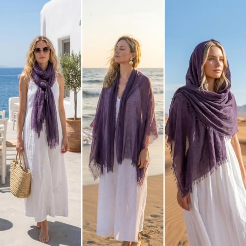 Nydotd Women Summer Cotton Linen Scarf Crinkle Long Beach Shawl Wrap hijab with Fringe - color: Deep Purple