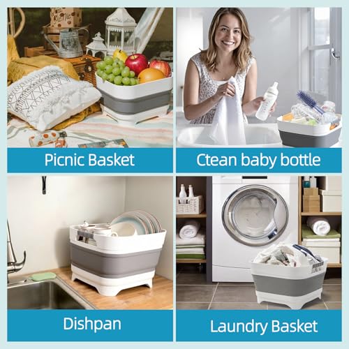 2.6 Gal/10L Collapsible Wash Basin with Drain Plug, Dish Tub | Portable Large Capacity Space-Saving Tub for Baby Bottles, RV, Camping, Kitchen, Travel & Outdoor Use - color: Gray