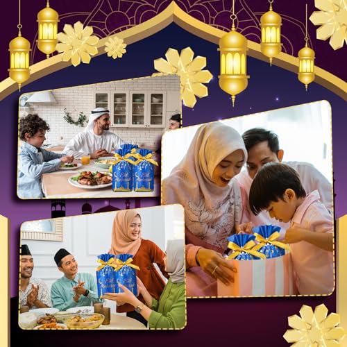 72 Pcs Eid Mubarak Gift Bags Plastic Treat Bags Drawstring Bags Eid Candy Goodie Bags Castle Moon Star Snack Wrap Bags for Eid Party Decorations Favors, 9.05 x 5.91 x 2 Inches