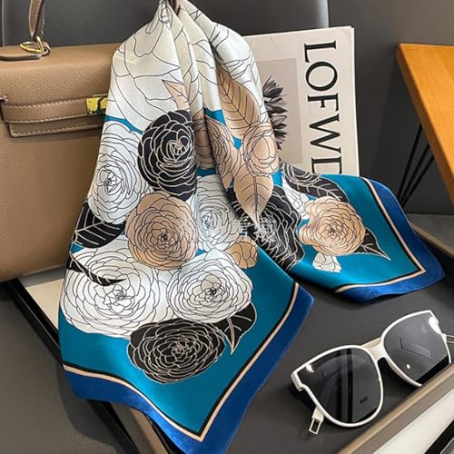 Sumolux Head Hair Scarf for Women Like Satin Silk Scarf Bandana Hair Wrapping Night Large Square Scarves 27.5" - color: Blue Beautiful Flowers