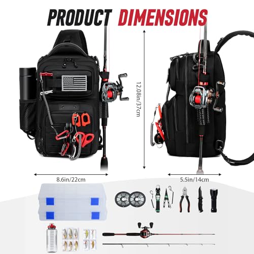 Fishing Sling Bag with Tackle Box, MOLLE System Fishing Backpack with Fishing Lures Kit, Fish Hook Remover Tool, Fish Lip Gripper, Fishing Plier & Accessories, Fishing Gear Gift for Men Black - color: Black-01Set