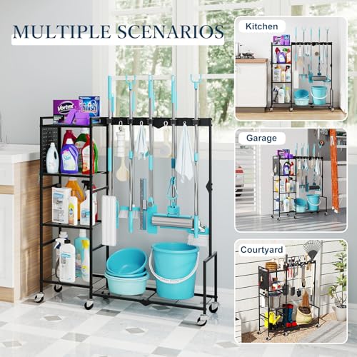 Broom Holder with Cleaning Supplies Organizer, Heavy Duty Janitorial Housekeeping Cart with Mop Clips & Hooks, Home Essentials Broom Closet Storage, Multifunctional Cleaning Cart for Laundry