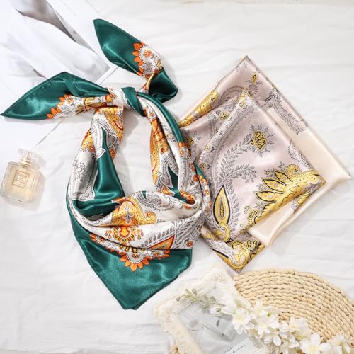 AWAYTR 35” Large Satin Square Head Scarf - 2Pcs Silk Like Floral Head Scarves Square Satin Hair Scarf Bandanas for Women - color: Paisley(green/Apricot)