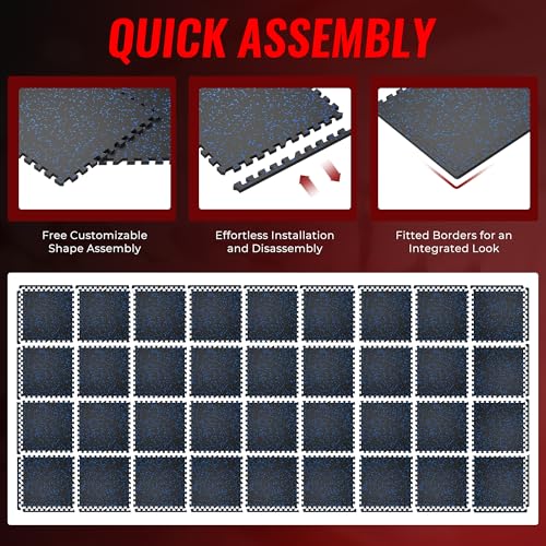 SUPERJARE 0.79'' Extra-Thick Exercise Equipment Mats, 36 Pcs 144 Sq Ft Rubber Top Floor Tiles with High Density EVA Foam, Interlocking Gym Flooring for Home Gym, Workout Mat, Black/Blue - size: 36 Tiles (144 Sq Ft)