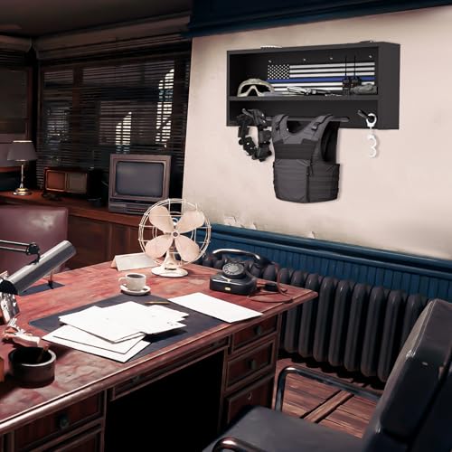 Neoaider Police Gear Rack, Police Hanger with Hooks | Tactical Duty Gear Rack Decor with Thin Blue Line Flag, Black Body Armor Stand for Police Gift - size: Wall Mounted Police Gear Rack