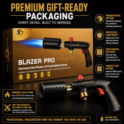 inZaynity® Propane Torch Gun for Grill & BBQ - High Power Handheld Blow Torch with Adjustable Flame & Safety Lock - Portable Fire Starter for Cooking, Searing,Charcoal & Outdoor Use(Tank Not Included)