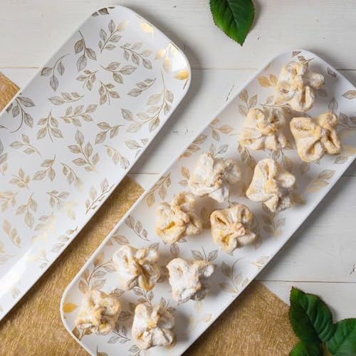 Rectangle Gold Leaves White Serving Tray (2-Pack) - 17.5" Disposable Serving Platter for Appetizer, Fruits & Serving Dishes | Perfect Plastic Tray for Party Serveware - style: Gold Leaves