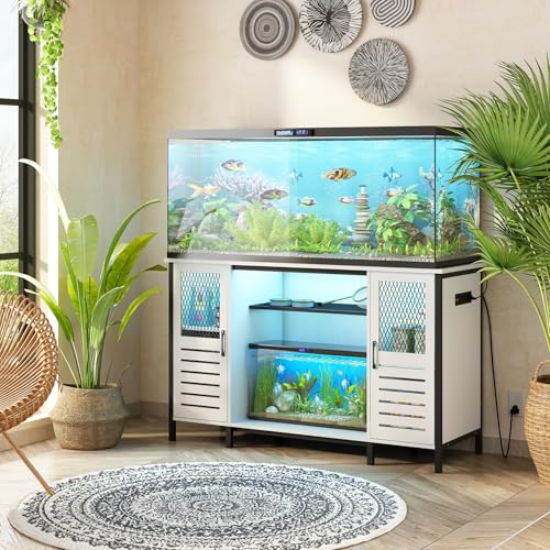 BREEZEHEAT Fish Tank Stand with Power Outlet, LED Light, 1250lbs Capacity, Heavy Duty Metal 55-75 Gallon Aquarium Stand with Cabinet, Terrarium stand Suitable for Turtle & Reptile Tank, White