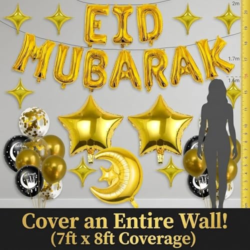 Eid Mubarak Decorations Set - Black and Gold Ramadan Party Supplies including Banner, Balloons for Muslim Islamic Eid Al-Fitr Home Wall Decor (gold)