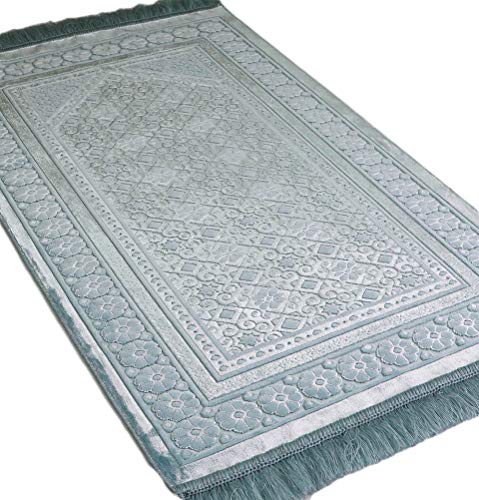 Modefa Velvet Prayer Rug - Soft Plush Turkish Janamaz Sajada Carpet for Men and Women - Plain Solid Prayer Mat Ramadan Eid Gift - with Prayer Beads - Luxury Floral Stamp (Light Blue) - color: Light Blue