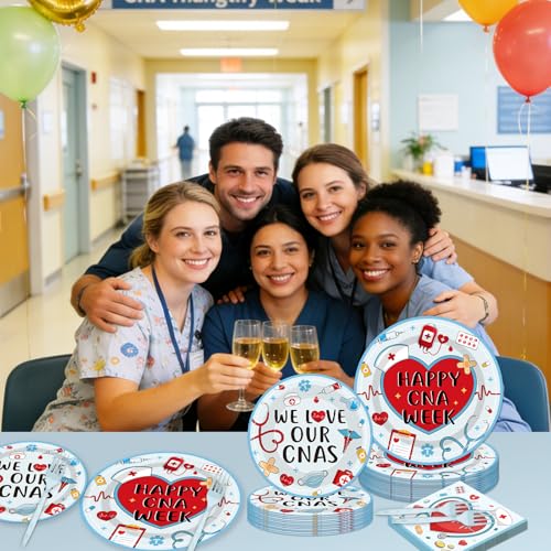 EUOYUFO 96Pcs Happy CNA Week Paper Plates Napkins Forks CNA Week Party Tableware for National Caregivers Day Appreciation We Love Our CNAS Theme Supplies Serve 24 Guests - color: Happy CNA Week