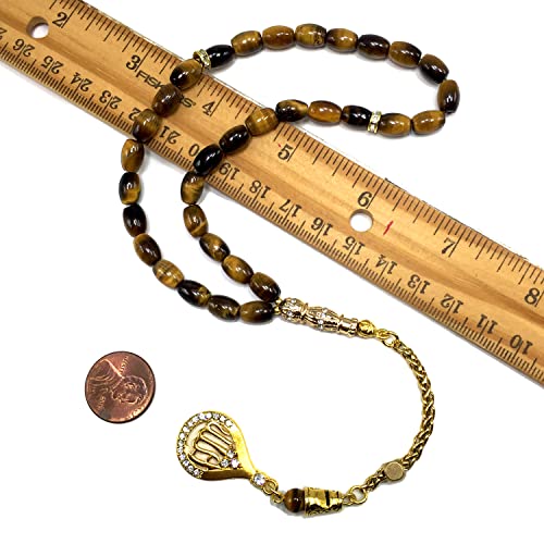 Design -Tiger Eye Stone Series Worry Beads - Prayer Beads (8 mm-33 Beads) Tesbih-Tasbih-Tasbeeh-Misbaha-Masbaha-Subha-Sebha-Sibha-Rosary (-Oval Cut Gold Model 6x9 mm-) - color: -Oval Cut Gold Model 6x9 mm-