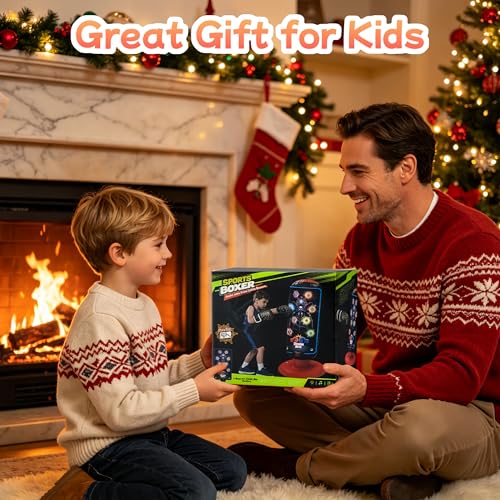 Electronic Boxing Bag Set, Interactive Punching Toy with Gloves, LED Lights, Music & 4 Game Modes, Auto Scoring Boxing Kit for Boys Girls Ages 3-12, Thick PVC Freestanding Punching Bag