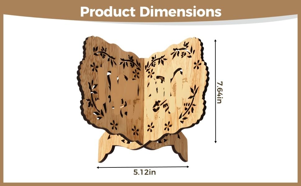 Quran Holder Book Stand, Wood Grain Poplar Wood Reading Holder, Hollow Carved Retro Desktop Book Stand, Multi-Functional Support for Adults, 5.1 x 7.6 in, 13 x 19.4 cm