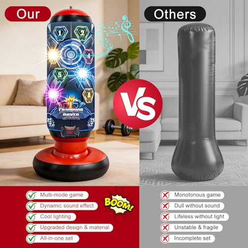 Kids Punching Bag with Gloves, Inflatable Boxing Set with Scoring, Lights & Music, 4 Game Modes, Freestanding Electronic Boxing Bag, Interactive Training Set Birthday Gift for Boys Girls Ages 4-12