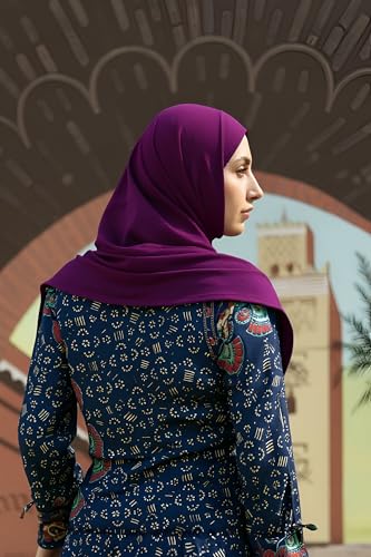 SARJANA Women's Solid Color Cotton Hijab with Under Scarf Cap Ready to Wear Stretch Scarves Long Scarfs FREE SIZE - color: Deep Purple