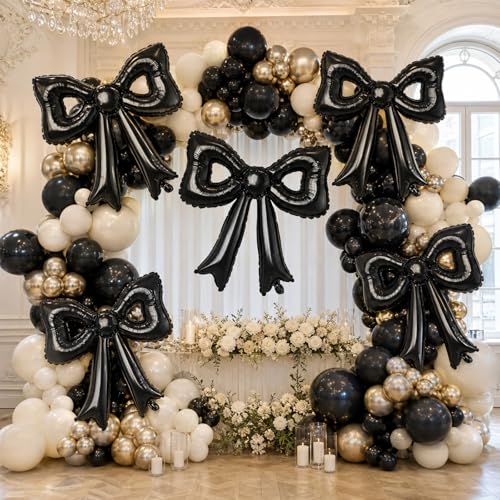 Black Bow Balloons, 6 Pcs Cutout Foil for Wedding Engagement Bridal Party - style: Hollow Bow Black