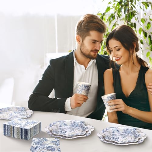 Newtay 250 Pcs Blue Floral Disposable Plates and Napkins Blue Gold Disposable Tableware Set for 50 Guests Paper Plates Napkins Cups for Wedding Bridal Shower Supplies - color: Blue and Gold, style: Stylish