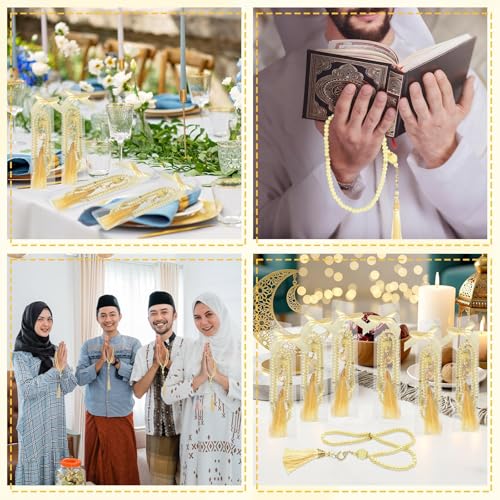 24 Sets Muslim Prayer Beads Gifts Bulk Islamic Eid Party Favors with Bows Box 99 Beads Islamic Prayer Tasbih Rosary Jewelry Moslem Misbaha Tasbeeh Bracelet for Ramadan Hajj Religious Wedding(Yellow)