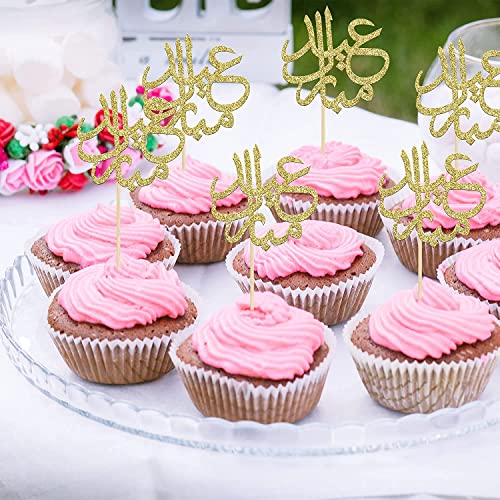 Confetti! 24Pcs Gold Glitter Eid Mubarak Cupcake Toppers Arabic Happy Eid Ramadan Kareem Cake Decorations Islamic Muslim Party Supplies Decorations
