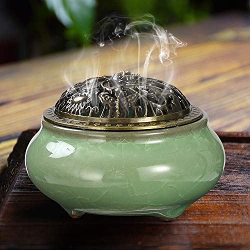 Miupoo Stick Incense Burner and Cone Incense Holder with Brass Incense Stick Holder Ceramic Ash Catcher (Light Green) - color: Light Green