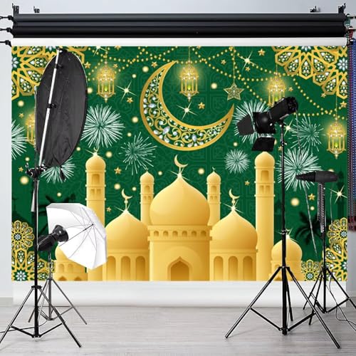 Eid Mubarak Backdrop Islamic Muslim Festival Green Gold Arabian Ramadan Golden Moon Lantern Castle Backgrounds Ramadan Kareem Lantern Sign Iftar Party Decorations Photo Booth Props Vinyl 8x6ft