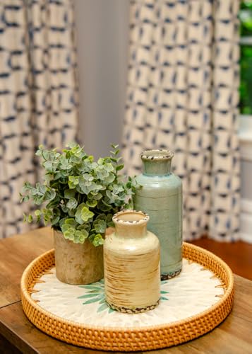 Magenta & Teal Round Rattan Serving Tray with Mother of Pearl Inlay, Wicker Coffee Table Decor, Farmhouse Style (Silver Green Flower) - color: Silver Green Flower