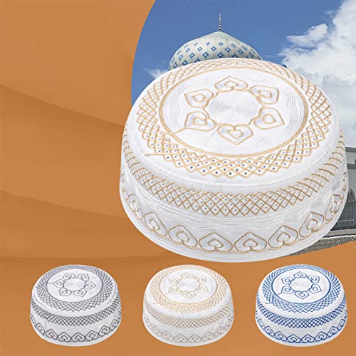 TINAYAUE Men Islamic Worship Prayer Headwear Eid Ramadan Prayer Muslim Cap Saudi Arabia Kufi Hat Mosque Madrassa Egyptian Hat - color: Yellow