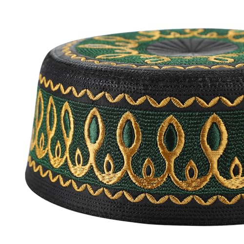 SIQITECHNO Men Muslim Prayer Kufi Hat Islamic Embroidery Beanie Skull Hat Eid Ramadan Mosque Saudi Arabian Prayer Headwear - color: 초록색.