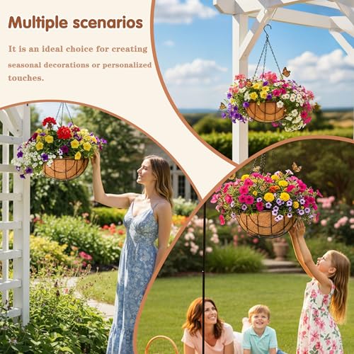 14 inch Metal Hanging Baskets For Plants Outdoor 4 Pack Round Metal Wire Hanging Basket Planter with Coco Fiber Liners Plant Holder for Garden, Patio, Deck, Porch Plants Flower Potss Outdoor(Grid) - size: 14 Inch, style: Grid