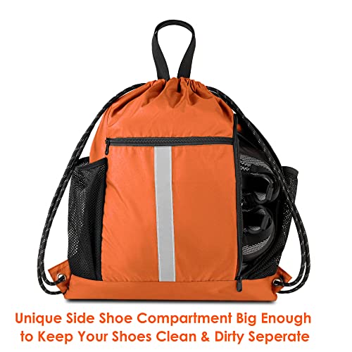 BeeGreen Orange Drawstring Backpack Bag Cinch Sack with Shoe Compartment and Two Side Mesh Pockets Lightweight Large Sturdy Drawstring Gym Sackpack For Unisex - color: Orange, style: Drawstring With Shoe Compartment
