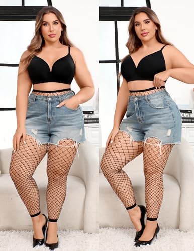 Avidlove Fishnet Stockings for Women Footless High Waist Fishnets Tight | Thigh High Stockings, Open Toe, High Stretch, Comfortable, Gothic Costume, Rave Outfits, for Cosplay, Halloween - color: Black-b2 Plus