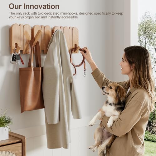 Solid Walnut Coat Rack Wall Mount, 16.5" Wood Wall Mounted Coat Rack with 8 Retractable Hangers,Heavy Duty Wooden Coat Hooks for Hanging Coats,Hats,Robe,Towels,Bags,Key Holder for Entryway,Natural - color: Natural