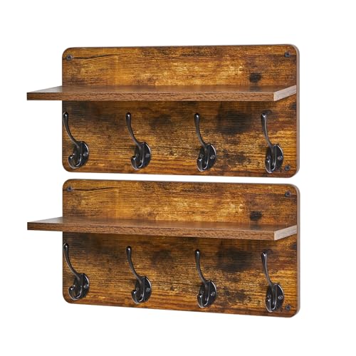 31.5" Coat Rack Wall Mount with Shelf and 8 Hooks, Rustic Brown, HWS006H-2 | 2 Pack Coat Hooks Key Holder Wall Mount, Wood Wall Mounted Coat Rack with Wall Hooks for Hanging, Towel Hooks for Bathroom - color: Rustic Brown
