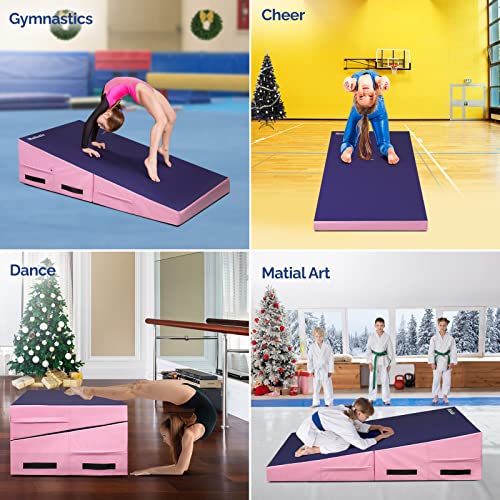 Folding Gymnastics Cheese Wedge Incline Mat, Gym Fitness Tumbling Skill Shape Mat for Kids Girls Home Training Exercise - color: Purple+Pink