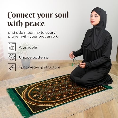 Muslim Prayer Rug, Soft Plush Thin Islamic Prayer Mat, Janamaz, Sajada, Praying Carpet, Islamic Gift for Men & Women, Islamic Ma, Eid & Ramadan Gift with Prayer Beads, 26x43 inch, Green - color: Kaaba / Emeraldgreen