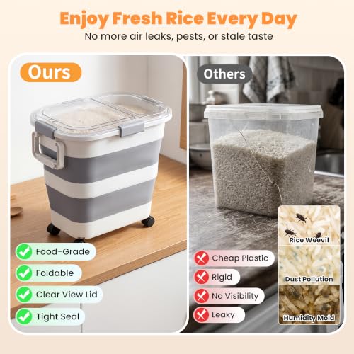 30 Lbs Rice Container, Collapsible Dog Food Storage Container | Airtight Cat Food Container with Wheels, Transparent Lid, Measuring Cup, Scoop and Handle, BPA Free for Pet Food, Bird Seed - size: 30 lbs