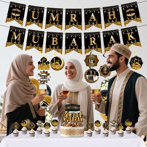 Ramadan Eid Umrah Mubarak Decorations - 41 Pcs Gold Black Eid Mubarak Party Balloons Banners Hanging Swirls Cake Cupcake Toppers Balloon for Lslamic Muslim Umrah Mubarak Festival Party Supplies