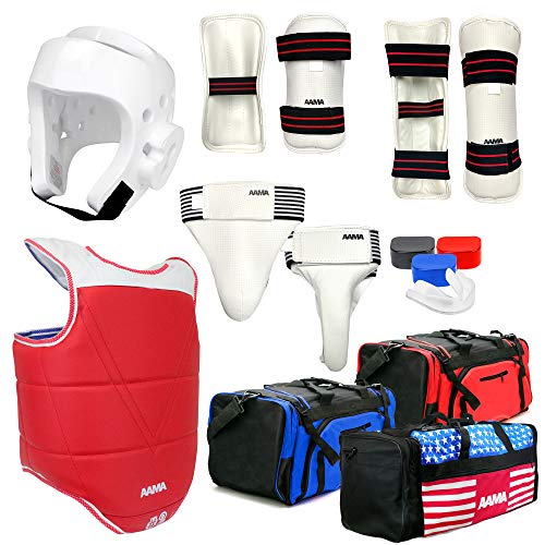 AAMA Complete Taekwondo Sparring Protective Gear Equipment Set - Customizable - color: SET C White (Shin Guard)
