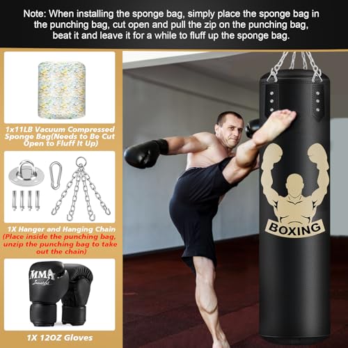 Filled Punching Bag for Adults, 4FT PU Leather Hanging Bag with 11lb Sponge Filler, Come with 12OZ Gloves, Heavy Bag Boxing Equipment for Training Karate Kickboxing Home Gym