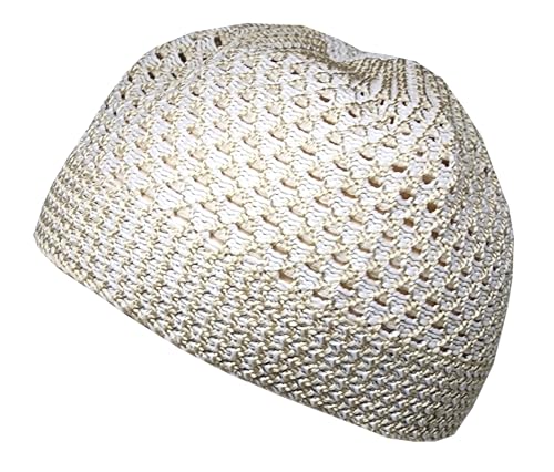 Set 2 Pieces Muslim Skull Cap Beanie AMN-341 Islam Prayer Crochet Takke Kufi Hat Eid Ramadan Gift - color: Cream & Grey, size: Large