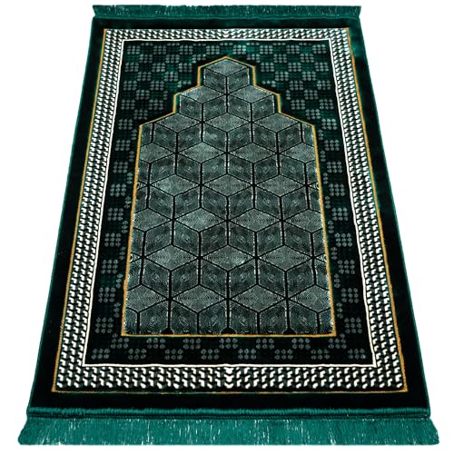 Modefa Turkish Islamic Velvet Prayer Rug - Thick & Wide Soft Carpet for Men & Women - Double Plush Large Janamaz - Eid & Ramadan Gift - with Kufi, Beads & Car Hanger - Geometric Noor (Green) - color: Green