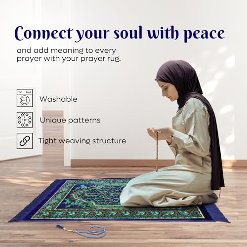 Muslim Prayer Rug, Soft Plush Thin Islamic Prayer Mat, Janamaz, Sajada, Praying Carpet, Islamic Gift, Foldable Portable Turkish Prayer Mat for Men&Women, Lightweight Travel Prayer Rug, 26"x43" - color: Jeddah / Navy