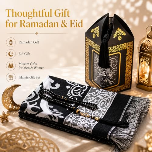 Muslim Prayer Rug with 99-Bead Tasbih, Soft Islamic Prayer Mat Sajadah for Daily Salah, Ramadan Eid Gifts for Men Women, Foldable Janamaz Prayer Rug - color: Black
