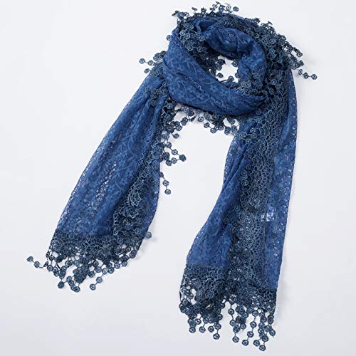 Cindy & Wendy Lightweight Soft Leaf Lace Fringe Scarf Bridal Shawl for Women - color: Denim Blue-2