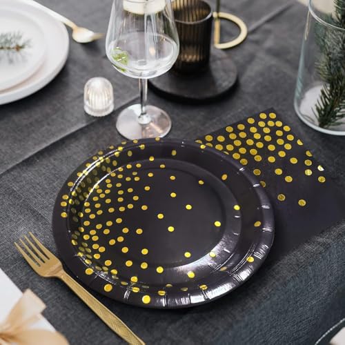 150 PCS Black and Gold Paper Plates Napkins Forks Party Supplies Serves 50, Golden Dot Disposable Paper Dinnerware 9" Plates for Birthday, New Years Eve, Graduation, Retirement Party - color: Black Gold (Serves 50)