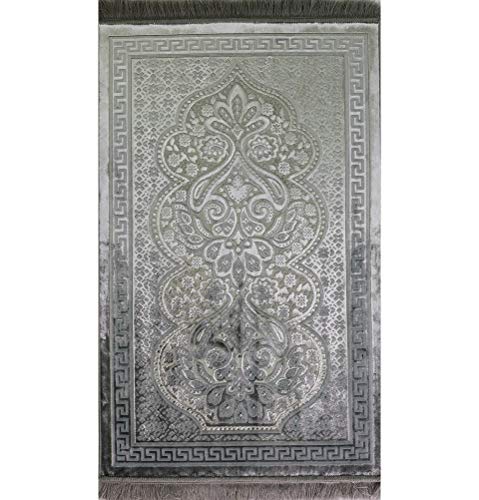 Modefa Luxury Velvet Prayer Rug with Prayer Beads | Soft Elegant Muslim Turkish Janamaz Sajada Carpet for Men and Women | Plain Solid Prayer Mat Ramadan Eid Gift - Paisley (Silver Grey) - color: Silver Grey