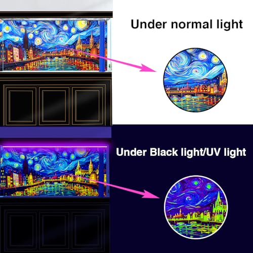 60X24IN Blacklight Vincent Van Gogh Black Light Aquarium Background, UV Fish Tank Background Art Oil Painting Terrarium Background with 10 EVA Double-Sided Tape - size: 60X24in/150X60cm