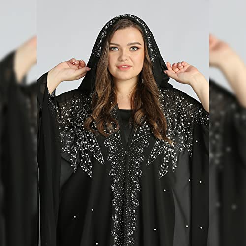 OBEEII Muslim Dress for Women Loose Batwing Sleeved Hooded Beaded Embroidery Long Abaya Dress Kaftan Abayas Islamic Robe - color: Bs07