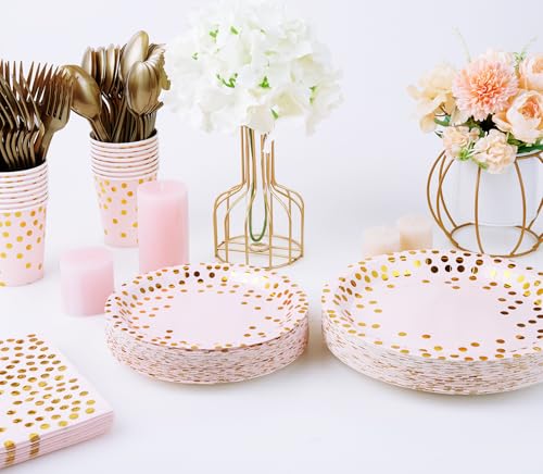 JOLLY PARTY Pink and Gold Paper Plates 350 PCS Disposable Dinnerware Set - color: Pink & Gold